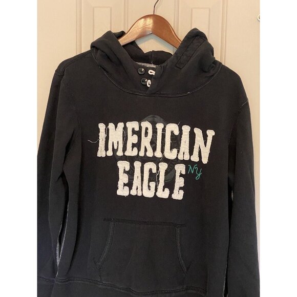 American Eagle Black Hoodie Women's XL Old Worn Comfortable AE Spell-out - Picture 3 of 5